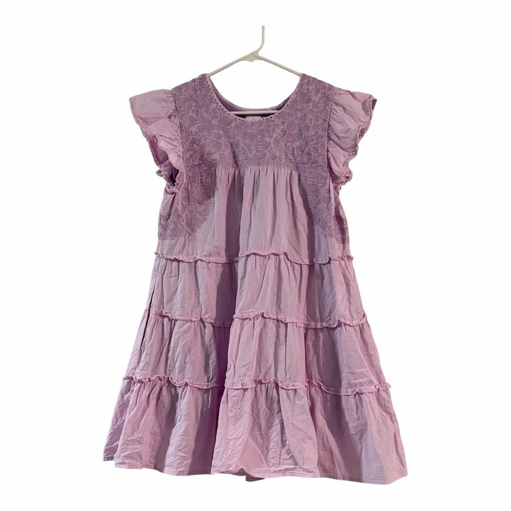 J.Marie Pink Tiered Embroidered Dress Size Small Cotton Flutter Sleeve Boho - Picture 2 of 6